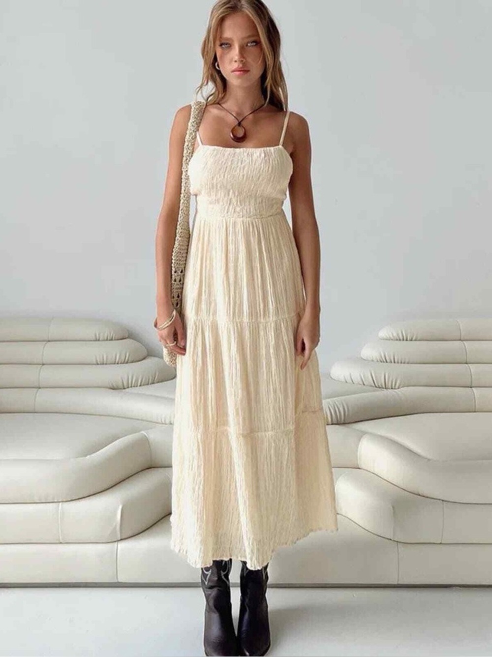 Beige/off-white Tiered Maxi midi dress from Princess Polly